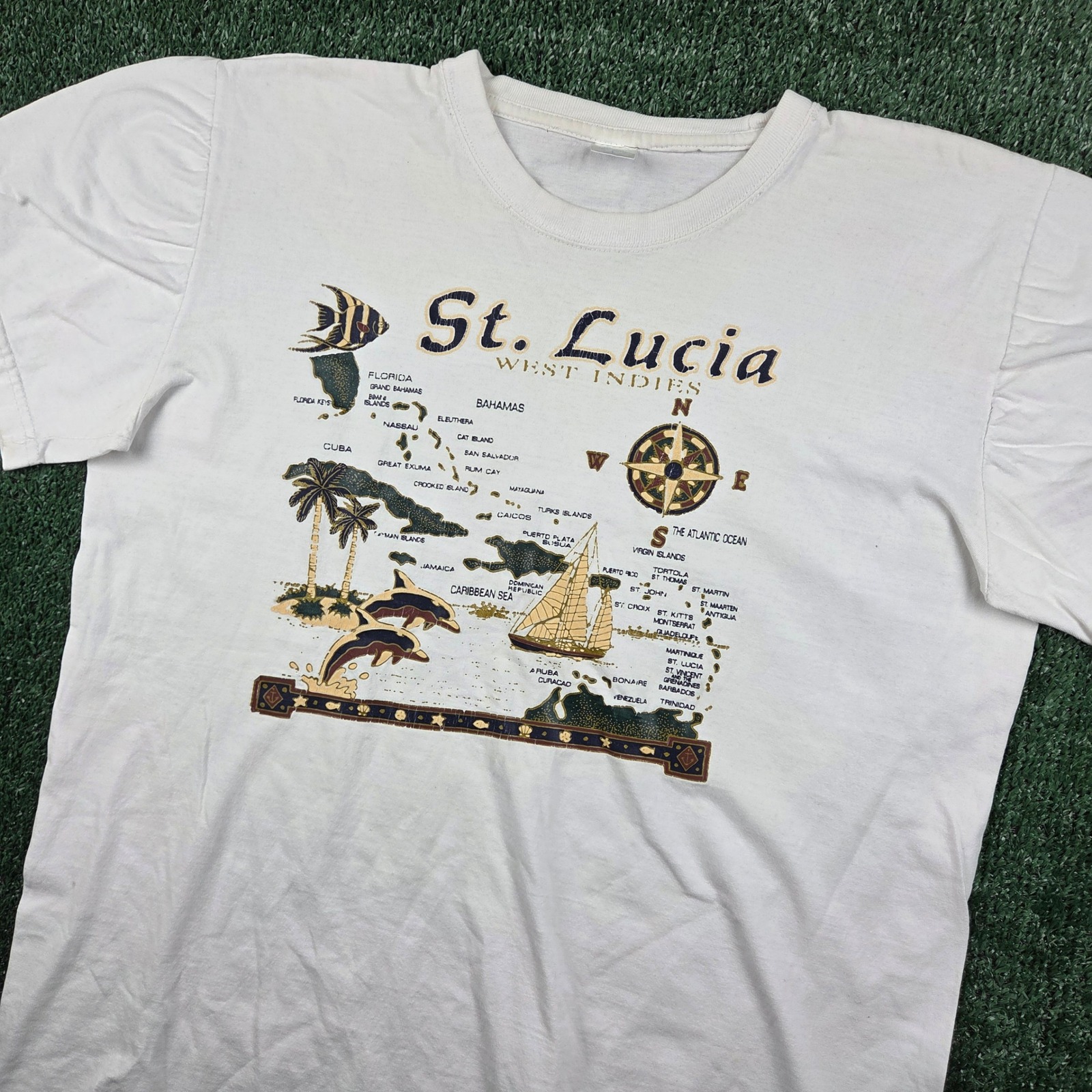 Vintage St Lucia West Indies Caribbean Map Graphic TShirt White Mens Large